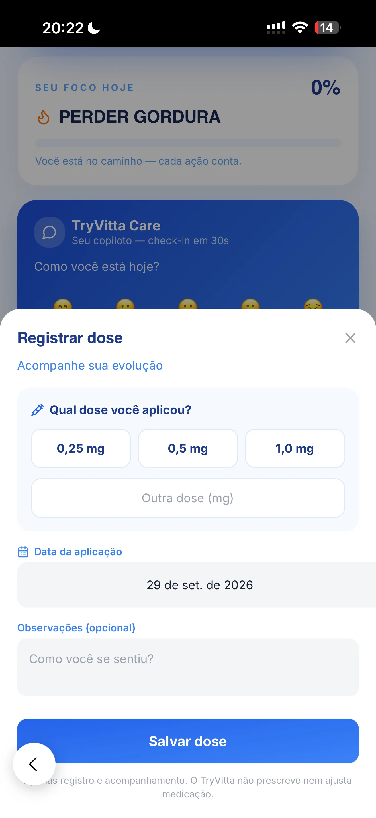 Tela real: Registre sua dose