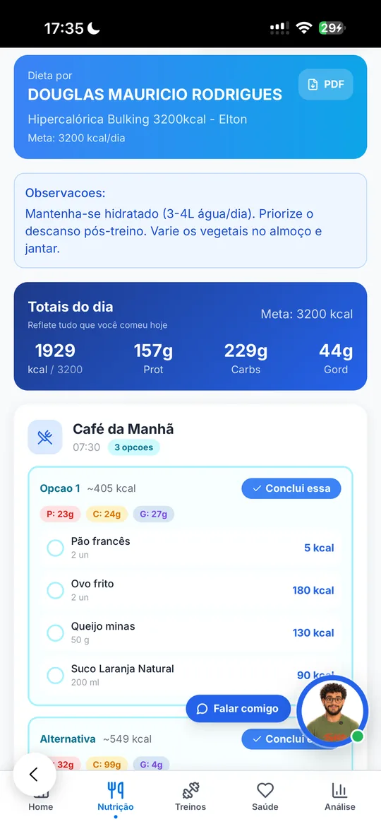 Tela real do TryVitta: alimentação