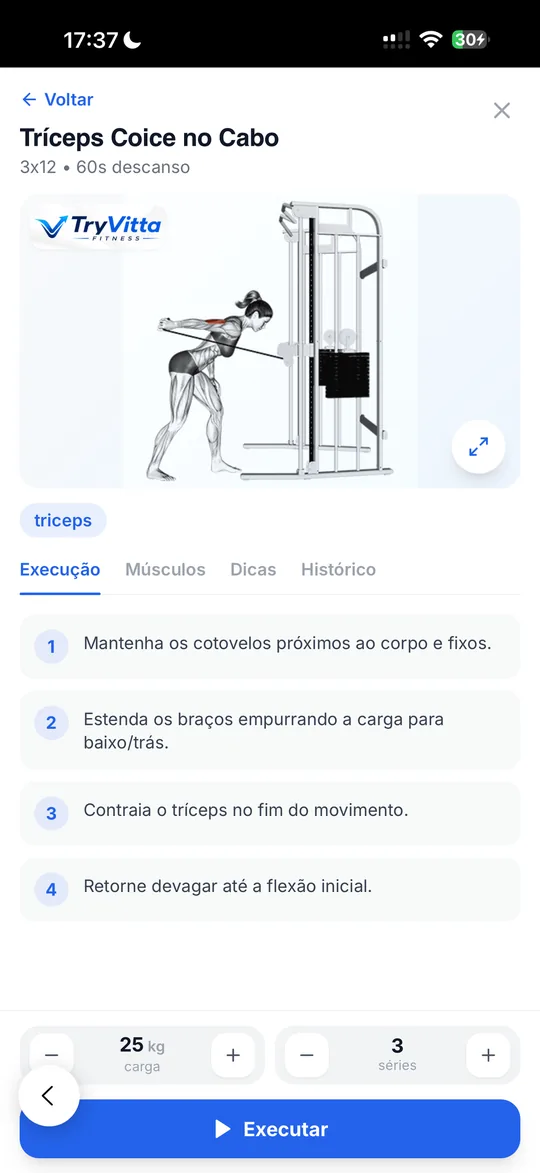 Tela real do TryVitta: treino